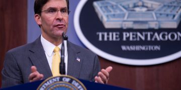 U.S. Secretary of Defense Mark T. Esper speaks to members of the press during his first joint press conference at the Pentagon Briefing Room, on Aug. 28, 2019. (DoD photo by Staff Sgt. Nicole Mejia)