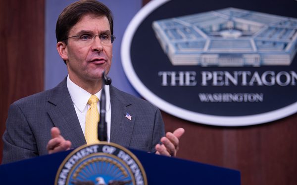 U.S. Secretary of Defense Mark T. Esper speaks to members of the press during his first joint press conference at the Pentagon Briefing Room, on Aug. 28, 2019. (DoD photo by Staff Sgt. Nicole Mejia)