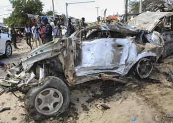 epa08092359 A view of the wreckage of a vehicle at the scene of a large explosion near a check point in Mogadishu, Somalia, 28 December 2019. A source at a hospital said that at least 25 people have been killed in what is believed to have been a car bombing. The explosion rocked an area near the junction called Ex-Control Afgoye, in a southwestern suburb of the capital Mogadishu.  EPA-EFE/SAID YUSUF WARSAME