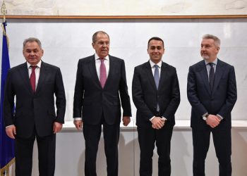 epa08225643 (L-R) Russian Defense Minister Sergey Shoygu, Russian Minister of Foreign Affairs, Sergei Lavrov, Italian Foreign Minister Luigi Di Maio and Italian Defense Minister Lorenzo Guerini, during a meeting at the Farnesina Palace, in Rome, Italy, 18 February 2020. Lavrov and Shoygu are on an official visit to Rome.  EPA-EFE/ALESSANDRO DI MEO