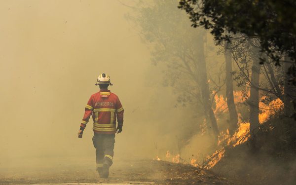 epa08567019 A fireman fights a forest fire in Serta, Castelo Branco, centre of Portugal, 26 July 2020. The fire started yesterday in Oleiros and is being fought by 717 operational, 218 vehicles and 14 airplanes.  EPA-EFE/PAULO CUNHA