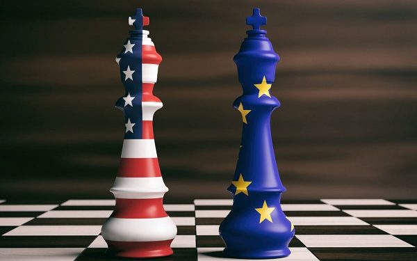 USA and EU cooperation concept. US of America and European Union flags on chess kings on a chess board, brown wooden background. 3d illustration