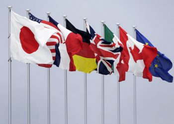 epa05328388 Flags of the G7 countries are displayed at Chubu Centrair International Airport in Tokoname, Aichi Prefecture, central Japan, 25 May 2016. Heads of state and government of the seven leading industrialized nations (G7) are scheduled to meet at the 42nd G7 summit on 26 and 27 May 2016 in Shima, Japan.  EPA/KIYOSHI OTA