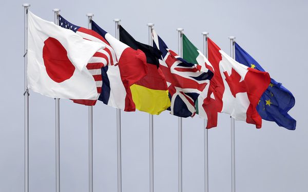 epa05328388 Flags of the G7 countries are displayed at Chubu Centrair International Airport in Tokoname, Aichi Prefecture, central Japan, 25 May 2016. Heads of state and government of the seven leading industrialized nations (G7) are scheduled to meet at the 42nd G7 summit on 26 and 27 May 2016 in Shima, Japan.  EPA/KIYOSHI OTA