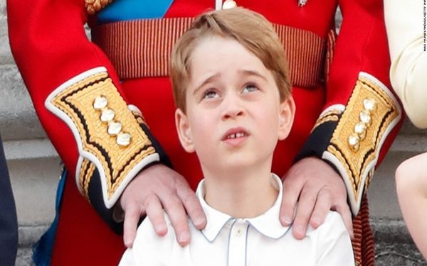 LONDON, UNITED KINGDOM - JUNE 08: (EMBARGOED FOR PUBLICATION IN UK NEWSPAPERS UNTIL 24 HOURS AFTER CREATE DATE AND TIME) Prince George of Cambridge watches a flypast from the balcony of Buckingham Palace during Trooping The Colour, the Queen's annual birthday parade, on June 8, 2019 in London, England. The annual ceremony involving over 1400 guardsmen and cavalry, is believed to have first been performed during the reign of King Charles II. The parade marks the official birthday of the Sovereign, although the Queen's actual birthday is on April 21st. (Photo by Max Mumby/Indigo/Getty Images)