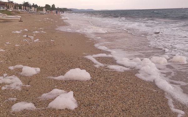 Морска слуз на плажа меѓу Ханиоти и Пефкохори, Халкидики, Грција, септември 2021 г. Фото: Мета.мк.