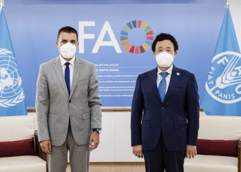 28 April 2022, Rome, Italy - FAO Director-General QU Dongyu meeting with Ljupcho Nikolovski, North Macedonia Minister for Agriculture, Forestry and Water Economy, FAO headquarters (Iraq Room).