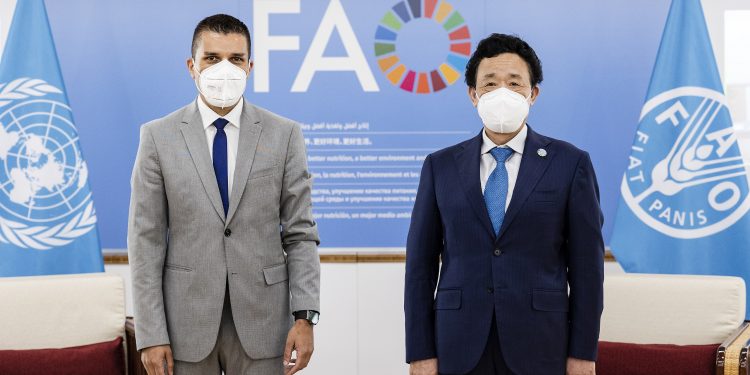 28 April 2022, Rome, Italy - FAO Director-General QU Dongyu meeting with Ljupcho Nikolovski, North Macedonia Minister for Agriculture, Forestry and Water Economy, FAO headquarters (Iraq Room).