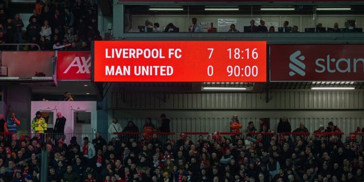 LIVERPOOL, ENGLAND - Sunday, March 5, 2023: Liverpool's scoreboard during the FA Premier League match between Liverpool FC and Manchester United FC at Anfield. (Pic by David Rawcliffe/Propaganda)