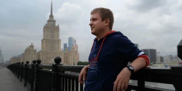 Photo by James Hill/2 September 2015-Sergey Lebedev, the Ukraine Hotel in the background.