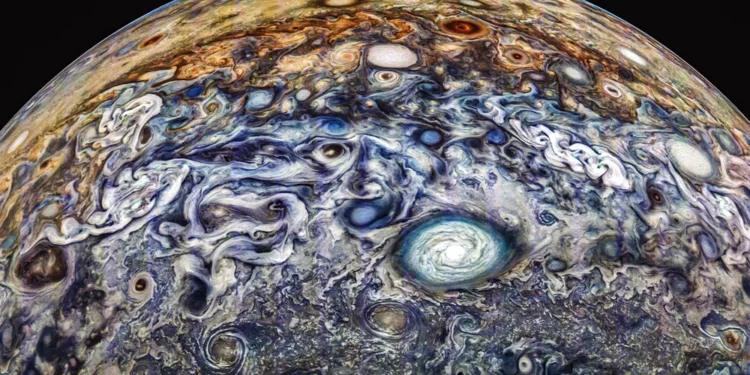 Image captured by Juno during its 66th perijove, then further processed with color enhancement by Gerald Eichstädt and Thomas Thomopoulos. NASA / JPL / SwRI / MSSS / Gerald Eichstädt / Thomas Thomopoulos CC BY 3.0